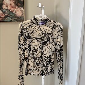 Anna Sui Black and Cream Monarch Long Sleeve Top